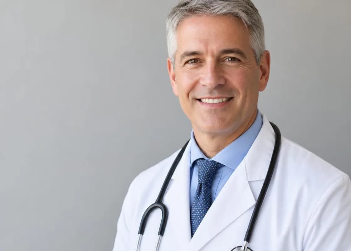 Confident physician in a white coat with stethoscope, smiling warmly
