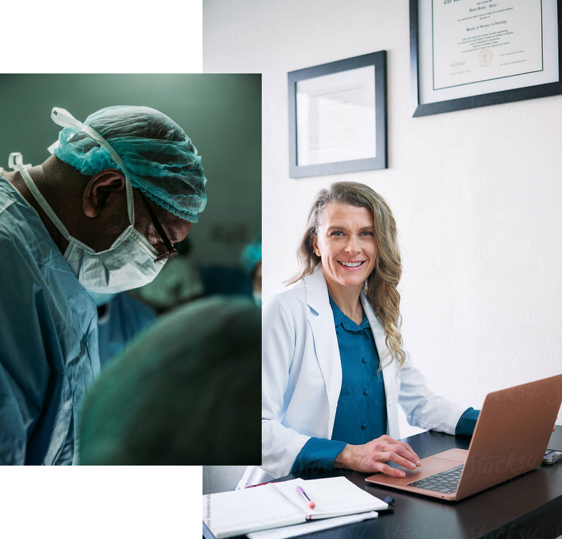 A photo of a surgeon in an operating room sits over a photo of a doctor in her office.